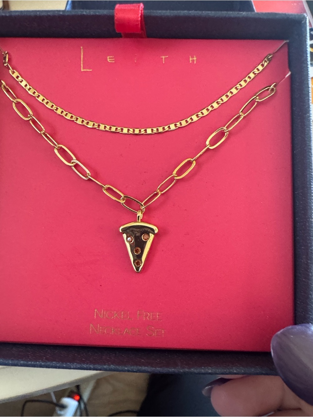 Leith Gold-Tone Pizza Slice Layered Necklace on Red Card